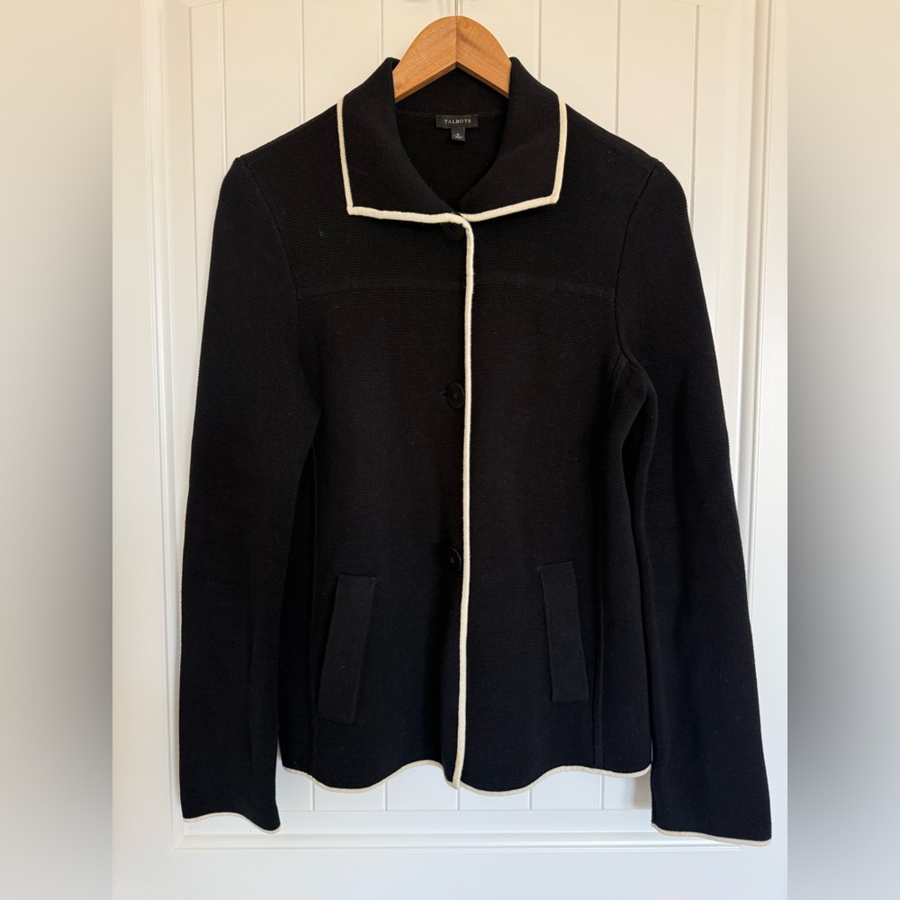 Talbots Black & White Cream Tipped Knit Sweater Blazer Cardigan Jacket Classic S